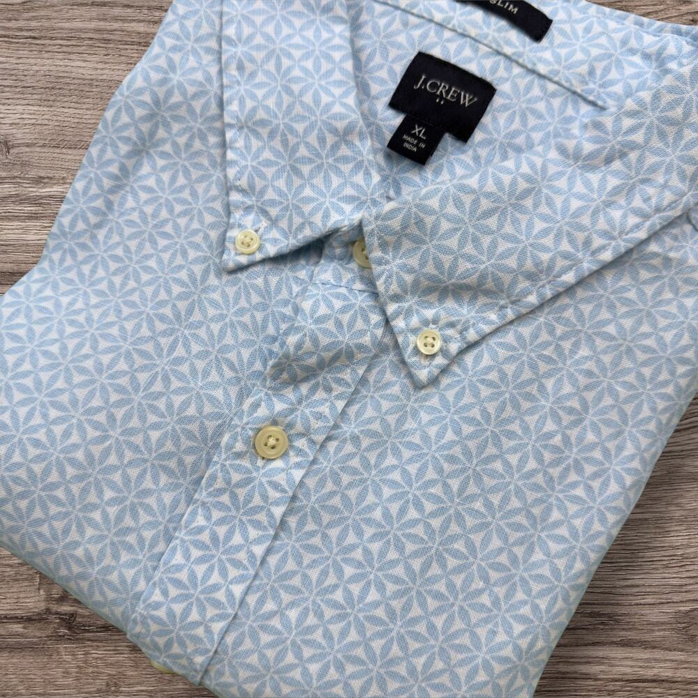 J. Crew Slim Fit Linen Blend Soft Blue Print Short Sleeve Button Down Shirt XL